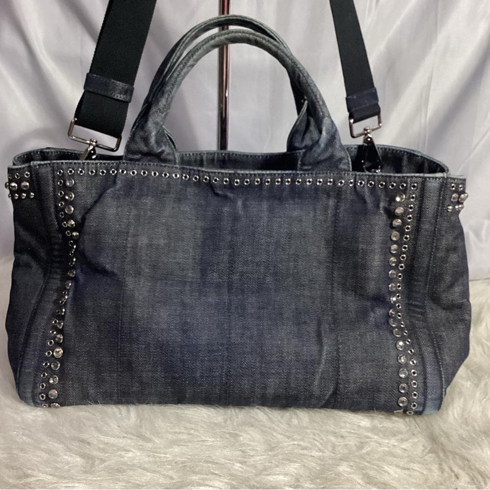 SOLD………Prada Canapa Studded Grommet Embellished Denim Tote w/ Long Strap RARE - Picture 7 of 16